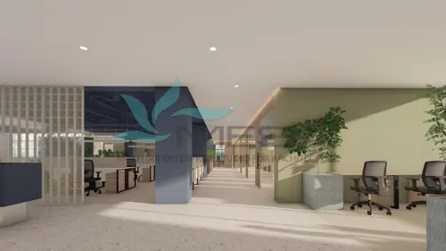 PRAL workplace, Islamabad: Planting softens the shared floor. Concept visualisation.