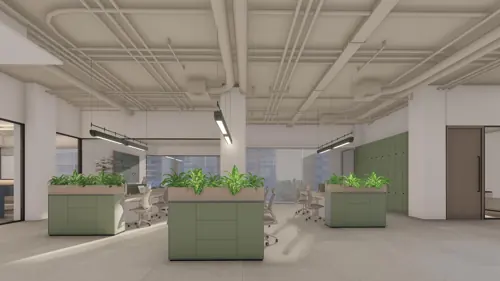 PSO fourth-floor design: Planted islands organise shared work. Concept visualisation.