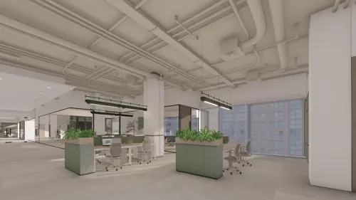 PSO fourth-floor design: Team neighbourhoods with soft boundaries. Concept visualisation.