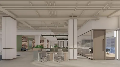 PSO fourth-floor design: Daylight along the shared work bays. Concept visualisation.