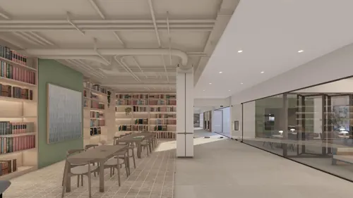 PSO fourth-floor design: Books and glass shape a common route. Concept visualisation.