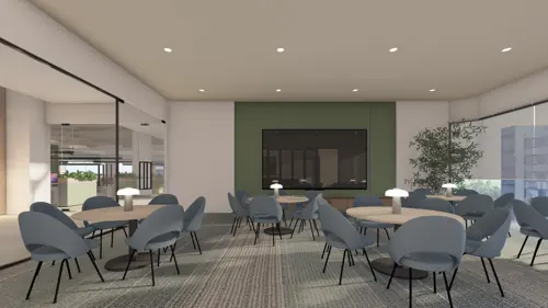 PSO fourth-floor design: Round tables for social learning. Concept visualisation.
