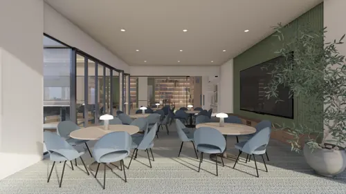 PSO fourth-floor design: A seminar room with flexible seating. Concept visualisation.