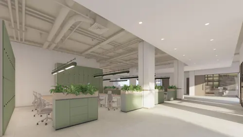 PSO fourth-floor design: Storage and planting define team space. Concept visualisation.