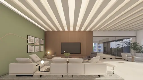 PSO fourth-floor design: Sofas gather beneath ceiling ribs. Concept visualisation.