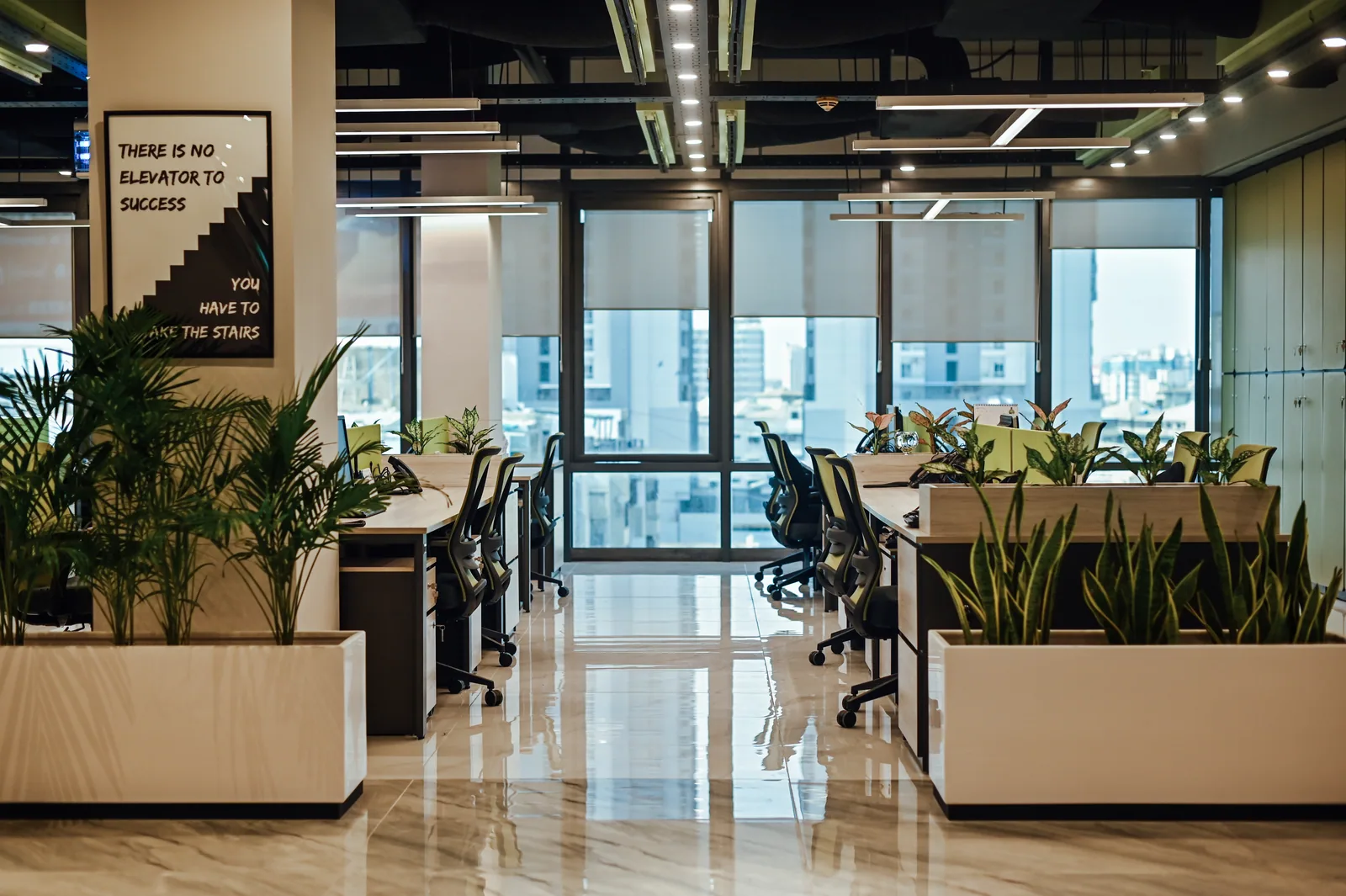 PSO House, 8th-floor rehabilitation, Karachi: Planting frames shared desks and city windows. 8th-floor rehabilitation photography.