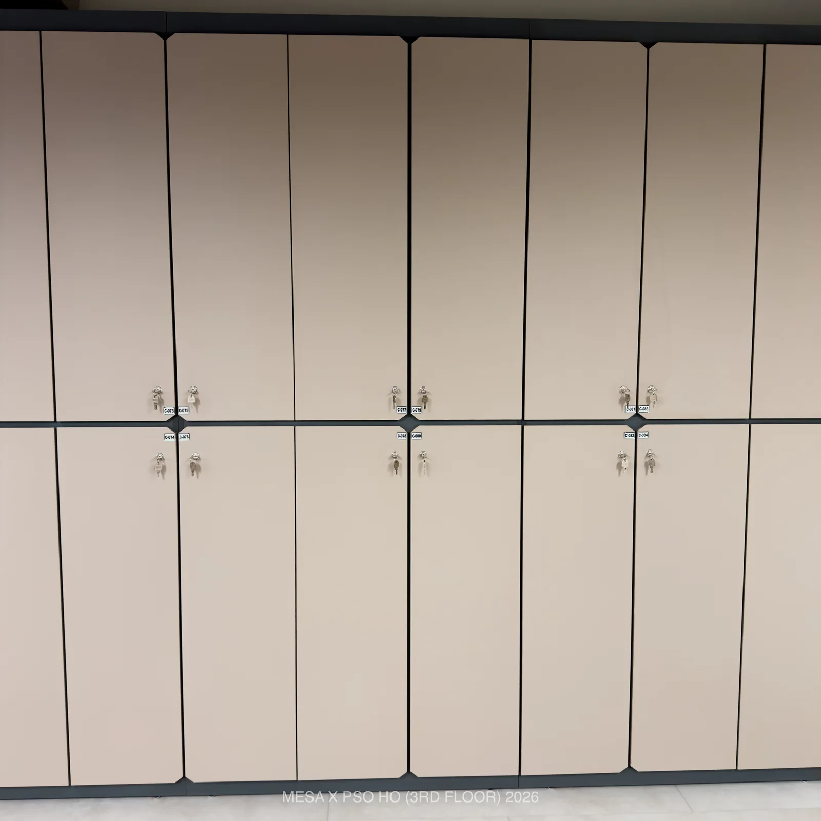 PSO House / Third floor / Pale cabinet doors and dark joints form an ordered storage wall.
