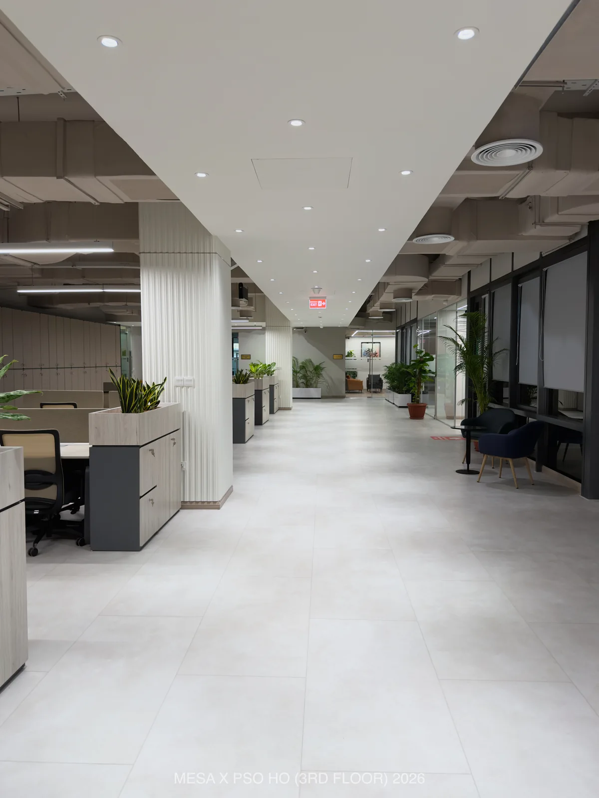 PSO House / Third floor / A long circulation route connects shared desks, rooms and planted edges.