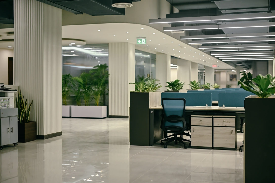 PSO 6th & 7th: Blue workstations framed by planting and pale columns. 6th–7th-floor interior photography.