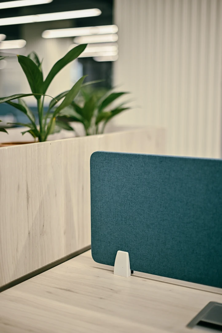 PSO 6th & 7th: Blue fabric, pale timber and a planted divider. 6th–7th-floor interior photography.