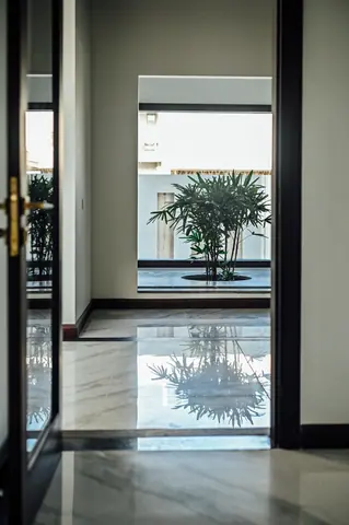 Passage with a reflective pale floor leading to a window framing a small tree.