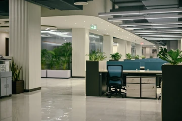 PSO 6th & 7th: Blue workstations framed by planting and pale columns. 6th–7th-floor interior photography.