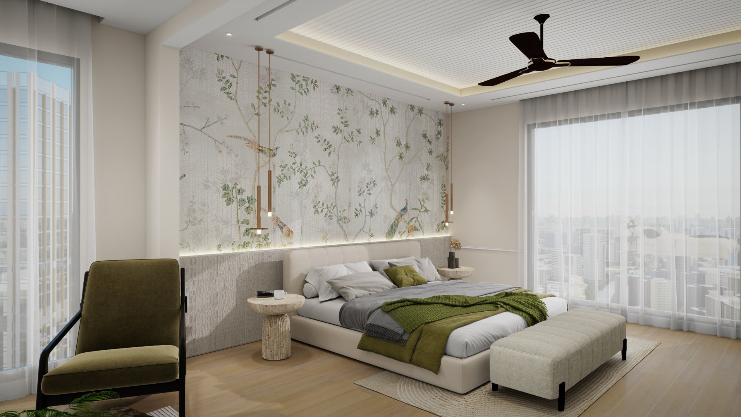 Less noise , more calm. 
A clean yet mature interior design proposal for a residence in Karachi. 
#InteriorDesign #BedroomInspo #HomeDecor #LuxuryBedroom